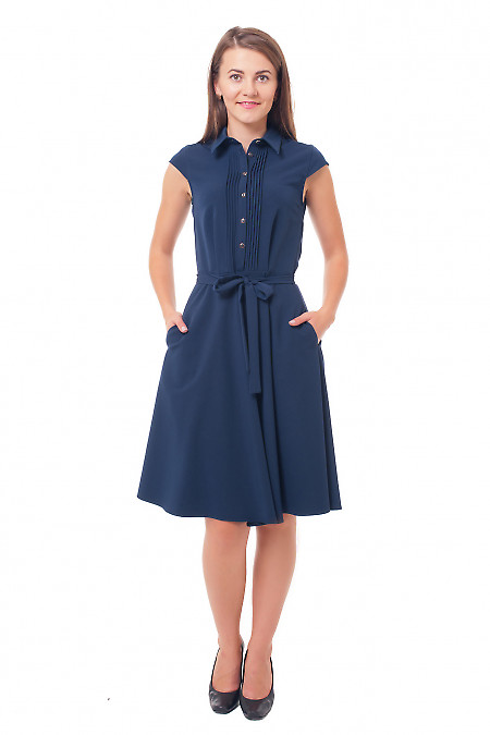Платье с пышной юбкой и защипами синее Деловая женская одежда фото
