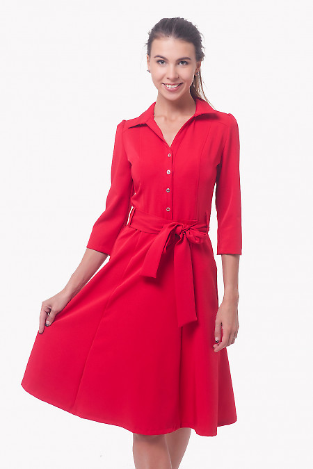 Платье красное с пуговицами впереди и длинным рукавом Деловая женская одежда